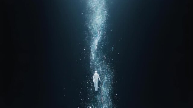 A luminous path guides a figure in a vast, dark expanse