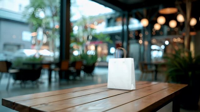 empty wooden table with white paper bag on itwhite paper bag with gold handles on wooden table.
