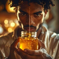 Man holds jar of honey, honey dripping vertically, looking intense in soft warm light