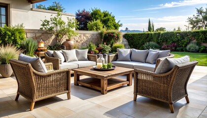 Fototapeta premium Elegant Outdoor Patio with Wicker Furniture and Lush Greenery.