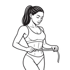 A clean vector illustration of a woman with an ideal body weight measuring her waistline using a tape measure, drawn with smooth lines that emphasize healthy habits, balance, and diet routine