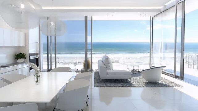 A modern, highresolution architectural rendering of a spacious, openconcept living space with a panoramic view of the beach. The room is characterized by its clean lines.