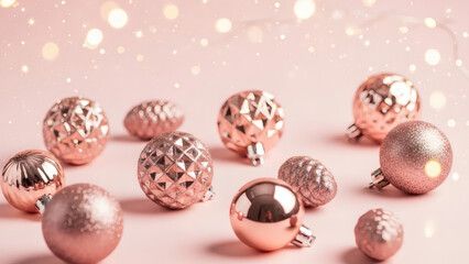 Obraz premium Pastel Pink Christmas Background with Rose Gold Christmas Ornaments