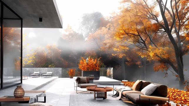 A modern architectural rendering of an outdoor living space with a serene, autumnal setting. The main subject is a living room with a sofa and chairs, surrounded by a misty, foggy backdrop.