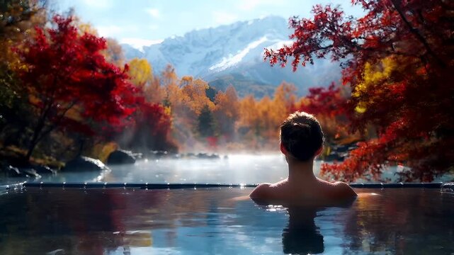 Hot spring vacation relaxation. A person with a short, wavy hairstyle sits by a serene body of water, their back to the camera, with a backdrop of a misty mountain range.