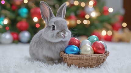 Cute gray bunny near colorful Easter eggs on fluffy carpet by decorated Christmas tree