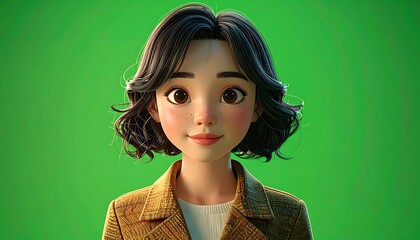 Cartoonish Asian woman with short dark hair, freckles, in brown jacket against a vibrant green background