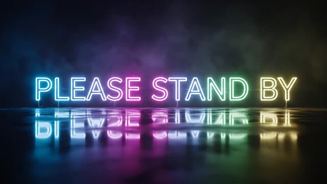 Blurry Colorful "Please Stand By" Text Reflected on Dark Surface with Dreamy Glow