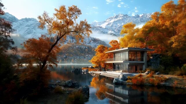 A vivid, highresolution digital rendering of a modern house by a serene lake surrounded by autumnal trees and mountains. The house is a twostory structure with a flat roof, large glass windows.