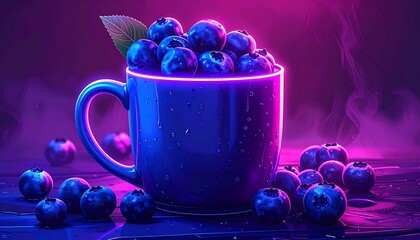 Blue mug filled with glossy blueberries, illuminated with neon pink and blue light, on a glossy surface