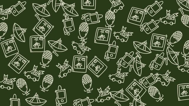 Repeating doodle pattern with transportation and communication icons on green background for designs related to travel, technology, and urban lifestyle.