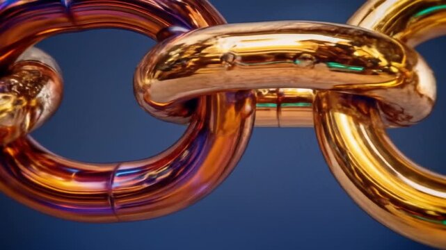 Close up of golden chain links with reflective surfaces on a blue background