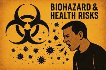 Graphic depiction of a man facing biohazard and health risks, with virus particles and a biohazard symbol on a yellow background. Global pandemic concept