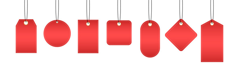 Set blank red paper price tags or gift tags. Paper labels with cord. Set template shopping labels with shadow