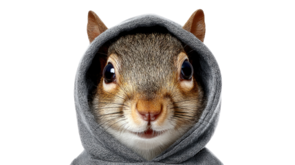Squirrel in a Gray Hoodie with Playful Expression and Bright Eyes Captured on a White Background