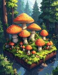 Cartoonish, bright forest clearing filled with fly agaric mushrooms growing atop a mossy, square patch of land in water