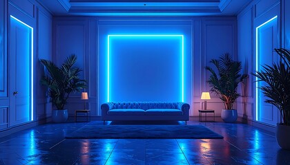 Blue neon-lit room couch, plants, glowing square, and doors. Sleek, symmetrical, elegant, and atmospheric interior