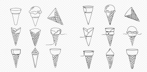 Fototapeta premium Collection of hand-drawn ice cream cones, empty and filled, with various styles and textures.