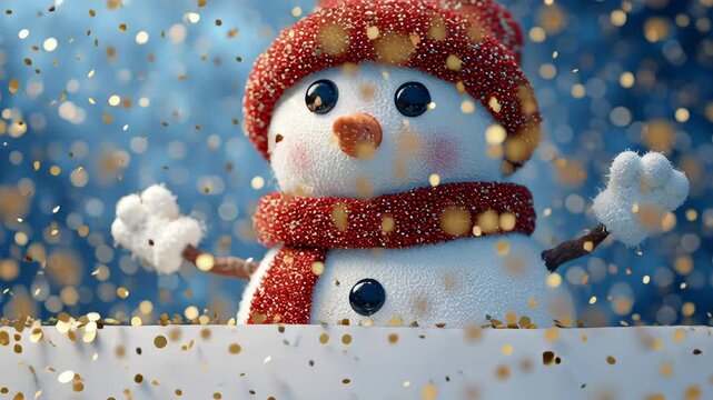 Cute snowman in red hat celebrating with golden confetti winter magic