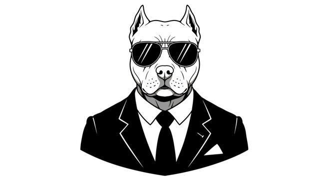 A stylish black and white vector illustration depicts a cool pitbull dog wearing dark sunglasses and a sharp business suit with a tie, exuding confidence.