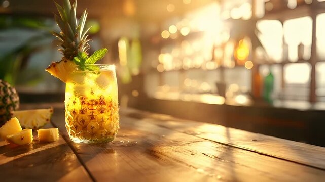 pineapple juice in a glass with a slice of pineapple on the rim, set against a blurred background of a bar setting with bokeh lights.