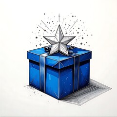 Blue present with silver ribbon & star on top, against a white background with a shadow