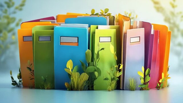 Colorful folders surrounded by greenery, symbolizing organization and nature