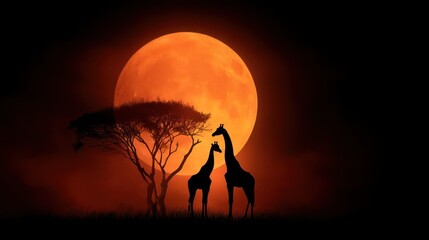 Silhouetted giraffes under sunset sky african wildlife landscape