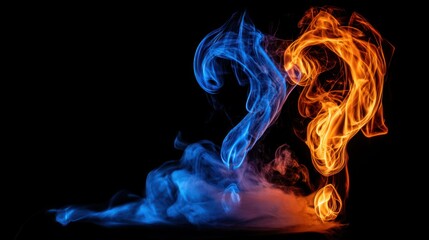 Abstract question marks formed with fire and smoke against a dark background