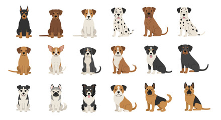 Fototapeta premium A charming collection of diverse dog breeds depicted in a clean, modern flat vector illustration style, ideal for pet-related designs and digital projects.