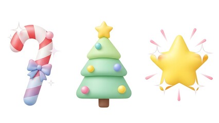 Festive Christmas Holiday Icons Candy Cane, Decorated Tree, and Sparkling Star