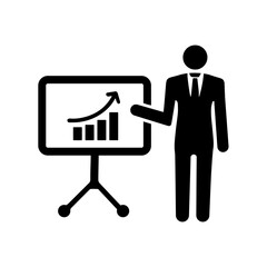 Business Presentation Icon Featuring a Professional Speaker Pointing at Growth Chart on Whiteboard for Corporate and Marketing Communication