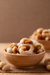 Pork rind in a wooden bowl, Northern Thai food