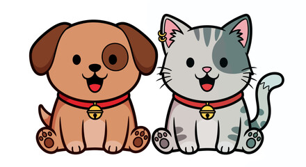 Obraz premium A charming vector illustration features a happy brown puppy and a cute gray tabby kitten sitting together, showcasing adorable pet friendship.