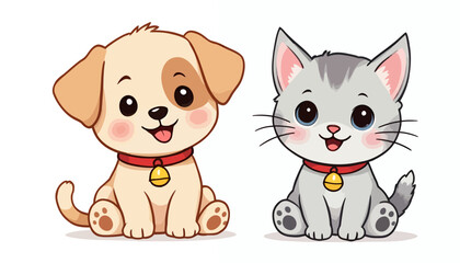 Obraz premium An adorable cartoon puppy and a charming kitten are depicted sitting side-by-side with happy expressions, rendered in a clean vector style.