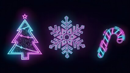 Christmas tree, snowflake, and candy cane neon glow illustrations on a dark background
