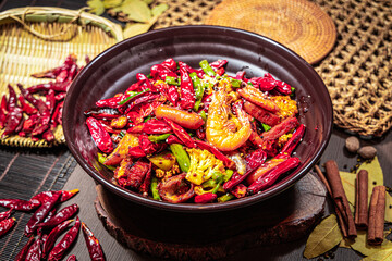 A spicy stir-fry with shrimp, sausage slices, broccoli, chili peppers, and vegetables, garnished with sesame seeds and surrounded by spices.