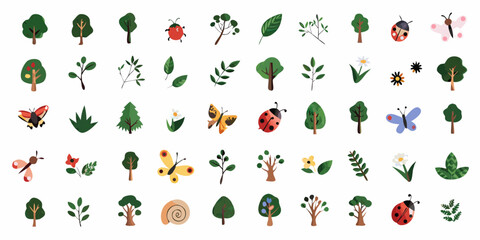 Colorful collection of trees leaves ladybugs and butterflies on a white background