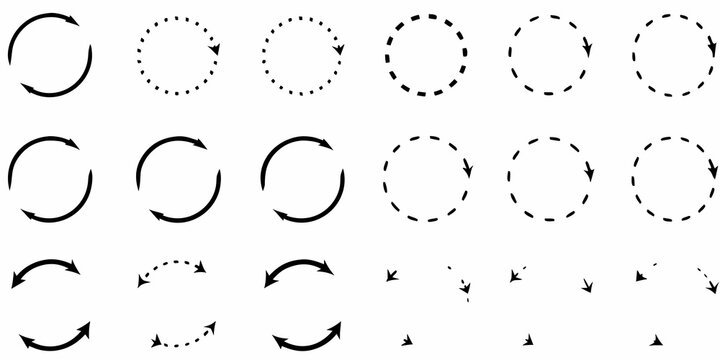 Arrangement of dashed circles and curved arrows on a white background