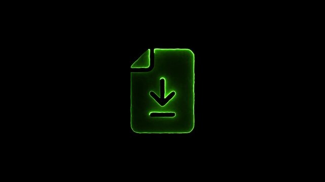 Glowing Green Document Download Icon with Down Arrow Symbol on Black Background file