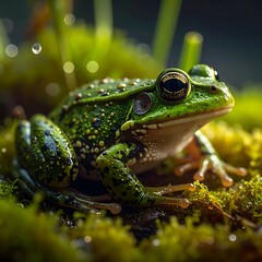 Bright green frog rests on vibrant moss, water droplets accenting the scene in soft, natural light, blurring bokeh