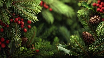 Lush Evergreen Foliage with Bright Red Berries and Pine Cones Creating a Festive Winter Flora Aesthetic for Seasonal Decoration