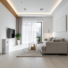 Modern Living Room Interior with Contemporary Furniture and Bright Lighting.