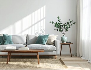 Modern Living Room Interior with Sofa and Sunlight.