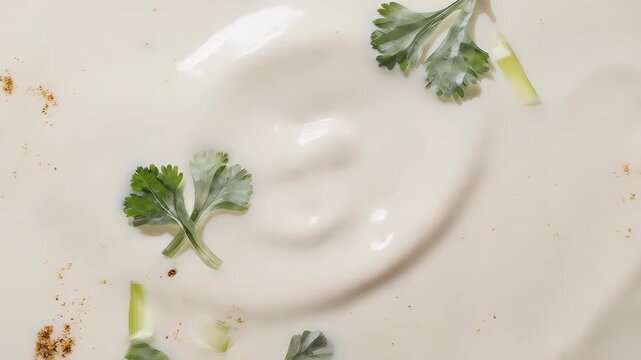 Creamy white sauce with scattered herbs and spices, top-down view