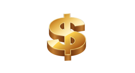 A golden dollar sign isolated on transparent background shines brightly