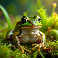 Bright green frog sits nestled in lush moss, its glossy eyes forward, surrounded by greenery in soft, natural light