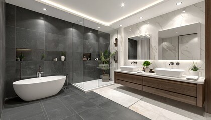 Modern Luxury Bathroom Interior Design with Freestanding Bathtub and Double Vanity.