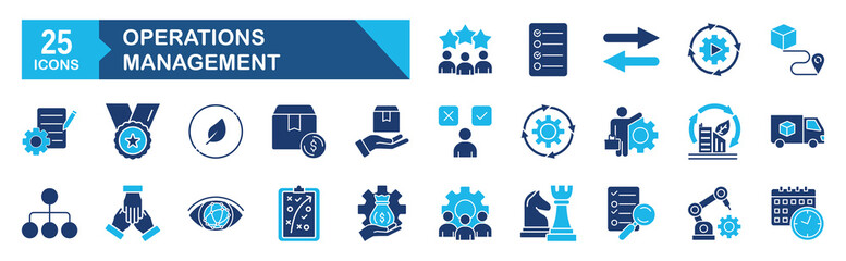 Operations management icon set Blue Monochrome Flat Design concept for operation, management, production, logistic, supply, manufacturing, cost, strategy 