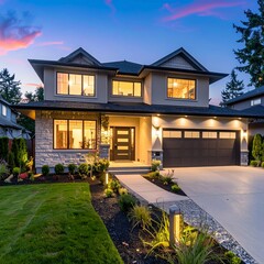 Modern Luxury Home Exterior at Dusk with Illuminated Windows and Landscaping.
